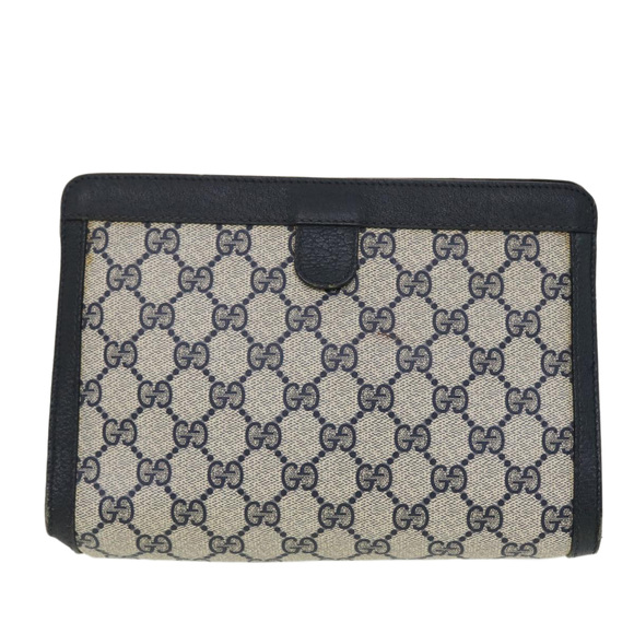 GUCCI GG Canvas Sherry Line Clutch Bag PVC Leather Gray Red Navy Auth th3543 - Picture 2 of 16